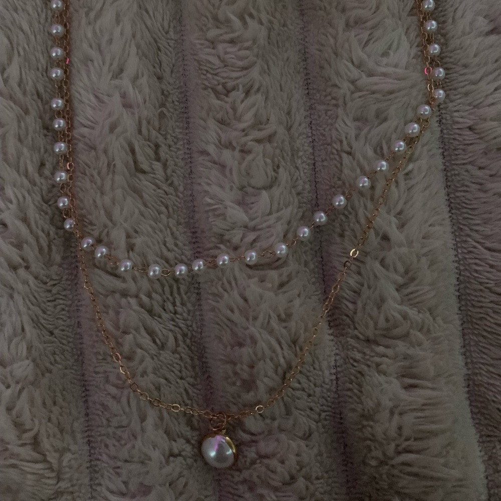Gold Double Chain Necklace With Mini Pearl Beads